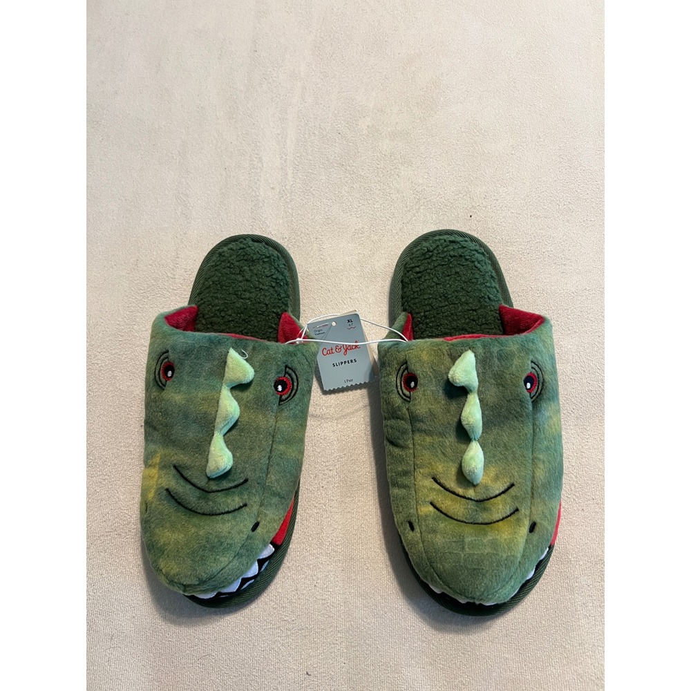 Cat & Jack Kids Green Dinosaur Slippers Plush House Shoes XL 6-7 AC151 DINO